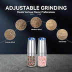 Gravity Electric Salt and Pepper Grinder set of 2, Automatic Salt And Pepper Grinder Set, Adjustable Roughness, Battery Powered, LED Light, 2 Pack, (Silver)