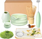 Matcha Whisk Set and Bowl, Matcha Making Kit Whisk, Bowl With Spout, Sifter, Ceramic Whisk Holder, Spoon Japanese Tea Powder Starter Tools For Ceremony Gift (Green, 9 Pack)