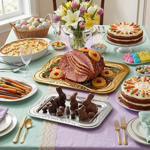 4-Pack Gold Serving Trays Set - ZENOVLUX Lightweight Bow Floral Engraved Mirror Decorative Tray, 13.8" x 8.7" Party Platters for Easter, Food, Appetizer, Charcuterie, Cookies, Desserts