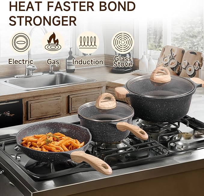 JEETEE Pots and Pans Set Non Stick 23pcs, Healthy Kitchen Cookware Sets, Induction Cooking Set W/Gray Frying Pans, Saucepans, Sauté & Griddle & Crepe Pan (PFOA, PFAS Free)
