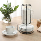 Gibson Home Gracious Dining 3-Ounce Espresso Cups Set of 4, Small Stackable Coffee Cups with 4 Saucers, Metal Stand, Ceramic Demitasse Mugs, Espresso Accessories for Machine