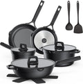 Nonstick pots and pans set 14 Pcs, Induction Cooking Set with Pour Spouts and Oven Safe for Casserole, PFOA FREE, Classic Black,Compatible with All Cooktops,Heat-resistant and comfortable handle