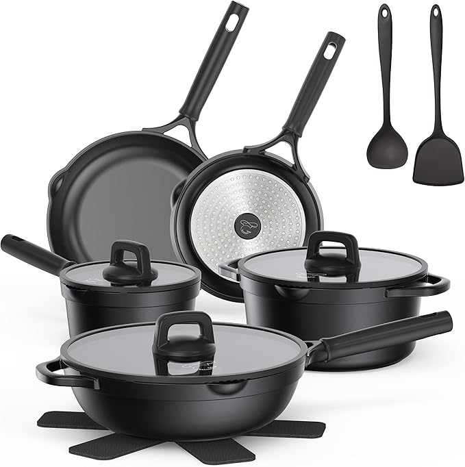Nonstick pots and pans set 14 Pcs, Induction Cooking Set with Pour Spouts and Oven Safe for Casserole, PFOA FREE, Classic Black,Compatible with All Cooktops,Heat-resistant and comfortable handle