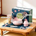 Matcha Whisk Set, Ceramic & Pink Matcha Set with Bowl, Bamboo Whisk, Scoop, Strainer, Scoop Rest, Holder, Cloth + Instruction Handbook – Traditional Japanese Tea Ceremony Kit