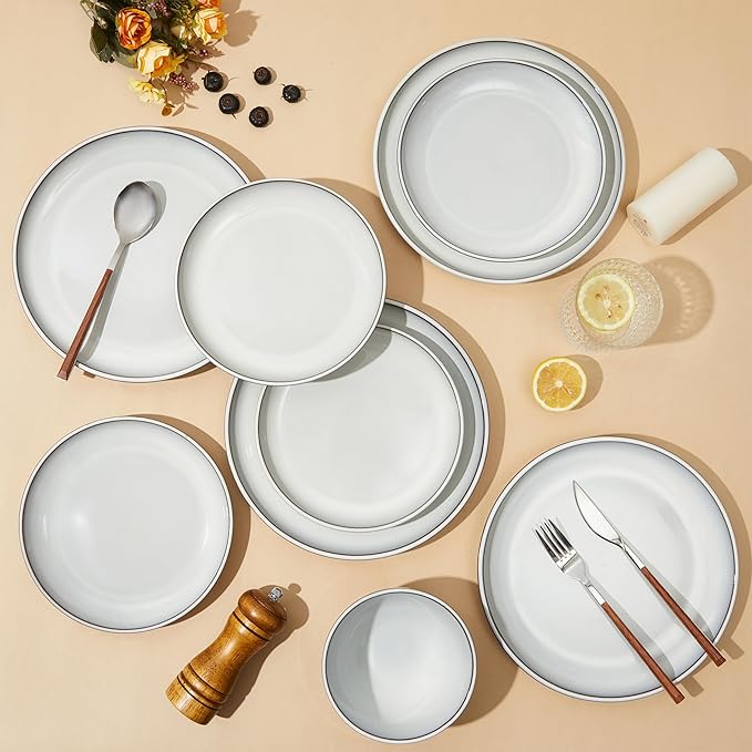 Pokini Santorini Mist Terracotta Reactive Glaze Plates and Bowls Sets, Stoneware Dinnerware Sets, Microwave and Dishwasher Safe Ceramic Dish Set Service for 4, Moonstone White