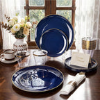 KIRE 175Pcs Blue Plastic Plates - Navy Blue Plates Disposable - 25 for Dinner 25 for Dessert 25 Pre Rolled Napkins with Gold Plastic Silverware and 25 Cups for Birthday/Wedding/Passover/Graduation
