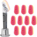 Soap Dispensing Replacement Dish Brush Storage Set with 10 PCS Sponge Refills & Holder - RIMAY Dispenser Scrub Cleaning Scrubber Kitchen Dishwashing Dish Wand Handle for Dishes/Pans/Pots/Sink(Pink)