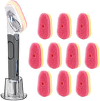 Soap Dispensing Replacement Dish Brush Storage Set with 10 PCS Sponge Refills & Holder - RIMAY Dispenser Scrub Cleaning Scrubber Kitchen Dishwashing Dish Wand Handle for Dishes/Pans/Pots/Sink(Pink)