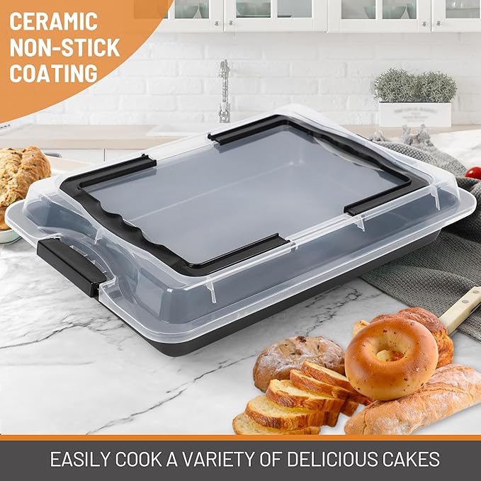Sheet Cake Pan with Lid, 15"×10"×2" Deep Jelly Roll Pan, Non-Stick Ceramic Coating Baking Pan, Oven Safe 450°F, PFOA & PTFE Free, Bake & Carry for Texas Sheet Cake, Brownies, Potluck (Black)