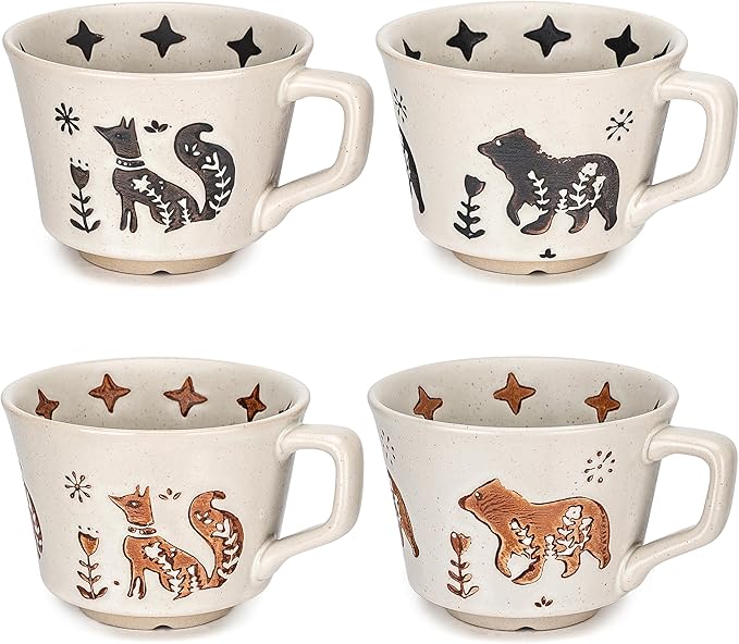 Ceramic Coffee Mug, 12 oz Small Novelty Unique Teacup with Handle, Stoneware Cup for Tea Mocha Latte Cappuccino (Set of 4, Fox and Bear)