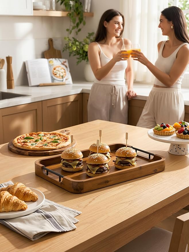 TIDITA Large Serving Tray with Handles - 20”x14” Rectangle Ottoman Tray, Wooden Tray for Ottoman, Wooden Ottoman Tray for Living Room - Decorative Trays for Coffee Table with Round Edge for Breakfast