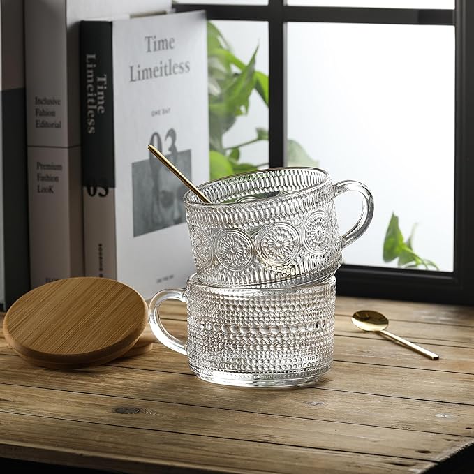 4pcs Set Vintage Coffee Mugs gifts for women, Overnight Oats Containers with Bamboo Lids and Spoons - 14oz Clear Embossed Glass Cups, Cute Coffee Bar Accessories, Iced Coffee Glasses