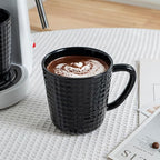 Ceramic Coffee Mugs Set of 4, 14oz Black Coffee Cups with Embossed Grid Texture, Modern Minimalist Coffee Mug for Latte Cappuccino Tea Cocoa, Dishwasher & Microwave Safe, Ideal Housewarming Gift