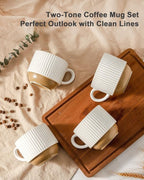 Ceramic Coffee Mugs with Stand,15 Oz Stackable Coffee Cups Set of 4 for Latte,Milk,Tea,Gift for Thanksgiving New Year Housewarming,Dishwasher & Microwave Safe,White Patchwork Color