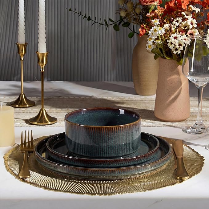 E-far Stoneware Dinnerware Sets for 2, 6-Piece Plates and Bowls Sets, Chip & Scratch Resistant Ribbed Dish Set for Home Restaurant, Microwave & Dishwasher Safe, Blackish Green