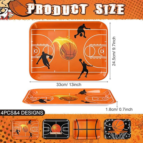4 Pieces Basketball Serving Trays - Sports Melamine Platters Reusable Rectangle Party Trays for Basketball Sports Theme Party Food Dessert Serving Supplies, 13 x 9.7 inch