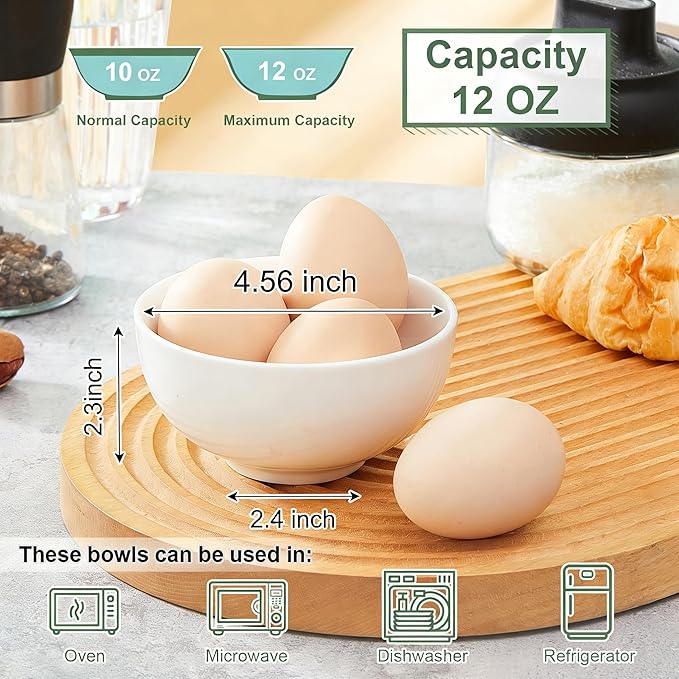 AntoKueh White 4.5in Small Ceramic Bowls 12 OZ, Cereal Bowls Set of 12 for Dessert, Rice, Family dressfamily gatherings, hosting dinner parties