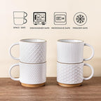 GBhome 6OZ Stackable Coffee Mugs with Stand and Saucer, Ceramic Coffee Mugs Set of 4 with Texture Patterns for Man,Woman,Dad,Mom, Modern Coffee Cups for Latte/Espresso. Dishwasher&Microwave Safe
