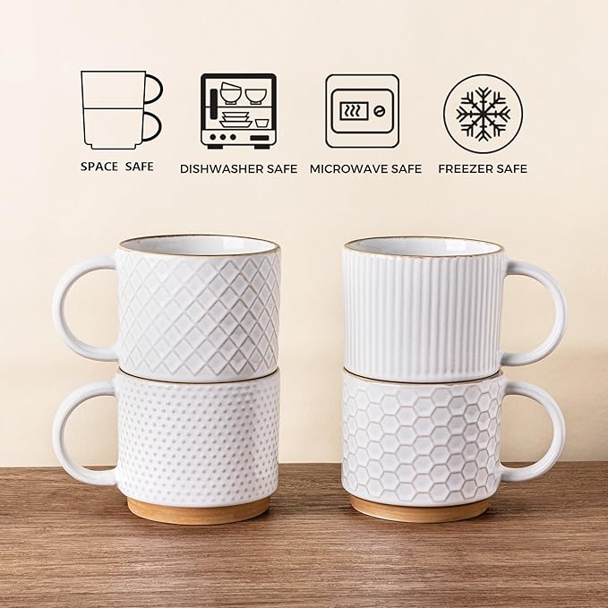 GBhome 15OZ Stackable Coffee Mugs, Ceramic Coffee Mugs with Texture Patterns for Man,Woman,Dad,Mom, Modern Coffee Mugs Set of 4 for Latte/Cappuccino/Cocoa. Dishwasher&Microwave Safe, Off White | for Man, Woman, Dad, Mom