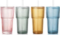 4PCS Colored Ribbed Glass Cups with Lids and Straws, 20oz Vintage Drinking Glasses, Aesthetic Iced Coffee Cups, Glass Tumbler for Boba, Beer, Tea, Cocktails, Ribbed Glassware Set,Colored