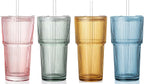 4PCS Colored Ribbed Glass Cups with Lids and Straws, 20oz Vintage Drinking Glasses, Aesthetic Iced Coffee Cups, Glass Tumbler for Boba, Beer, Tea, Cocktails, Ribbed Glassware Set,Colored