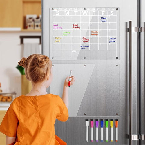 Acrylic Magnetic Dry Erase Board Calendar for Fridge, Clear Monthly Planner and Memo Whiteboard for Refrigerator, w/ 8 Colors Markers, 15 x 11