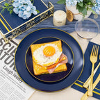 NOCCUR 350PCS Navy Blue Plastic Plates - Blue Disposable Dinnerware Set for 50 Guests, 100 Dinner/Dessert Plates, 150 Gold Silverware, 50 Cups&50 Napkins for Party/Wedding/Graduation/Memorial Day