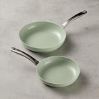 Circulon Halo with LaserDefense Ceramic Nonstick 2-Piece Skillet Set/Frying Pans, Made without PFAS, Compatible with All Stovetops, Dishwasher and Oven Safe, 8 Inch and 10 Inch Open Fry Pans - Sage
