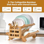 NOVAYEAH Bmaboo Dish Drying Rack for Kitchen Counter 3-Tier Collapsible Wooden Dish Drying Rack with Utensil Holder Dish Drainer Large Folding Dish Rack with Utensils Flatware Holder 51 pcs Grid