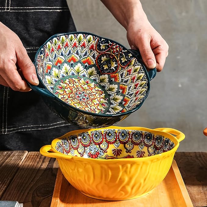 2 Pack Boho Ceramic Serving Bowls with Handles, 40 Oz Porcelain Salad Bowls, Large Serving Dishes for Entertaining, Mixing Bowls for Soup, Stew, Pasta, Cereal, Colorful Embossed Cute Bowls Set HH