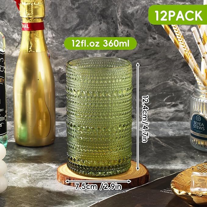 Moretoes Hobnail Drinking Glasses Set of 12,12 Oz Highball Glasses Embossed Boho Water Glass Cups Kitchen Bar Tumbler Glassware Set for Whiskey, Beer, Juice, Milk and Various Mixed Drinks (Green)