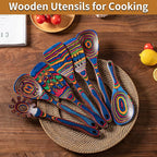Gudamaye Pakka wood 7-Piece Blue Wooden Cooking Utensils, Wooden Spoons for Cooking, Wooden Spoon Set, Wooden Kitchen Utensil set, Pakkawood Cooking Spoons, Non-Stick Spoon,Pakkawood kitchen utensils