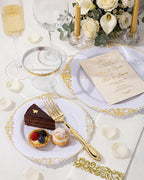 Morejoy 350PCS White and Gold Plastic Plates - Gold Plastic Dinnerware Set Include 50Dinner Plates, 50Dessert Plates 150Cutlery, 50Cups, 50Napkin Perfect for Party & Wedding