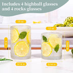 Amber Hobnail Drinking Glasses Set of 8, 15 oz Vintage Highball Glassess & 12 oz Cocktail Glasses, Drinkware Kitchen Glasses for Cocktail, Iced Coffee, Beer, Ice Tea, Wine, Whiskey, Water