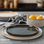 LIANYU Dinnerware Stoneware Sets with Pasta Bowls, 16 Piece Plates and Bowls Set for 4, Ribbed Dishes Set for Home, Microwave and Dishwasher Safe, Four-color