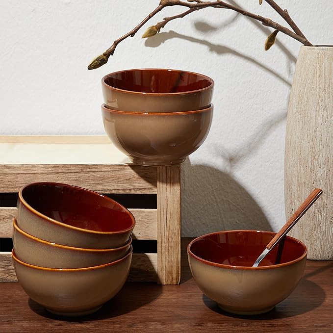Pokini 5.5" Cereal Bowls & Dessert Bowls Set of 6-22 Oz Small Bowls for Kitchen-Ceramic Bowl for Cereal, Soup, Oatmeal, Salad, Ramen, Noodle, Rice, Yogurt-Dishwasher & Microwave Safe, Brown Yellow