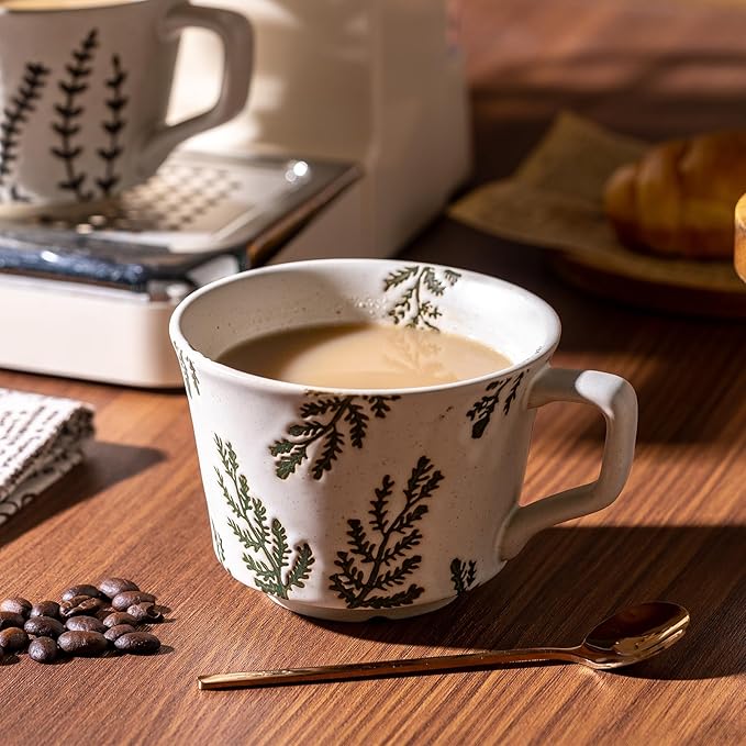 Coffee Mugs Set of 4 with Gold Spoon, 11 oz Ancient Style Hand-painted Ceramic Mug Gifts for Men Women, Unique Personality Gifts for Home Kitchen Office, Dishwasher Microwave Safe