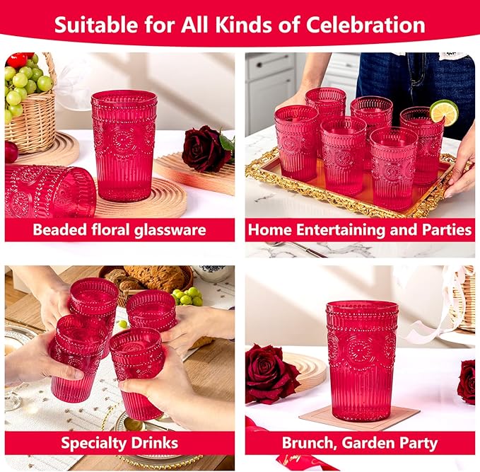 Ciaell 12 Pack Romantic Plastic Water Glasses - 14 Oz Red Vintage Drinking Glasses, Embossed Ribbed Plastic Cups, Textured Striped Set for Juice, Beverages, Beer, Cocktail