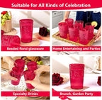 Ciaell 12 Pack Romantic Plastic Water Glasses - 14 Oz Red Vintage Drinking Glasses, Embossed Ribbed Plastic Cups, Textured Striped Set for Juice, Beverages, Beer, Cocktail