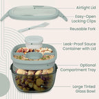 Bentgo Glass Prints Salad Container - 7.6-Cup Tinted Glass Salad Bowl with Airtight Lid, Leak-Proof Sauce Container, 4-Compartment Bento Meal Prep Tray & Reusable Fork (Mod Curve - Serene Green)