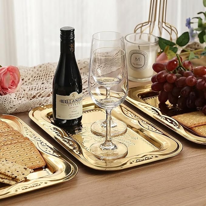 4-Pack Gold Serving Trays Set - ZENOVLUX Lightweight Bow Floral Engraved Mirror Decorative Tray, 13.8" x 8.7" Party Platters for Easter, Food, Appetizer, Charcuterie, Cookies, Desserts