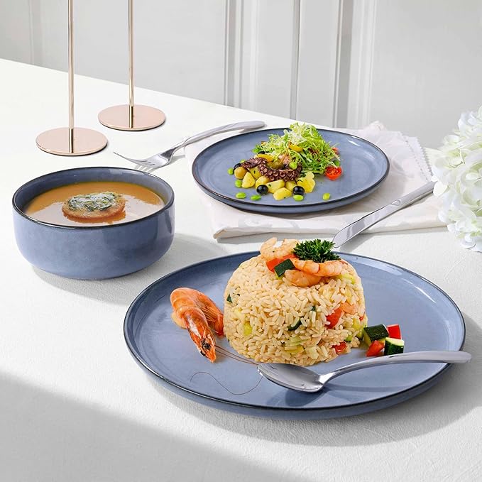 Herogo 6-Piece Stoneware Dinnerware Sets for 2, Stackable Dinner Plates and Bowls Sets, Double Reactive Glaze Dishware Place Setting for Kitchen, Scratch Resistant, Microwave Safe, Haze Blue