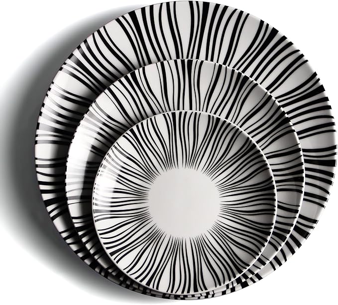 8" Black and White Striped Ceramic Plates Set of 6, Zebra Pattern Salad Plates Set, Minimalist Porcelain Dish Set, Microwave, Oven & Dishwasher Safe