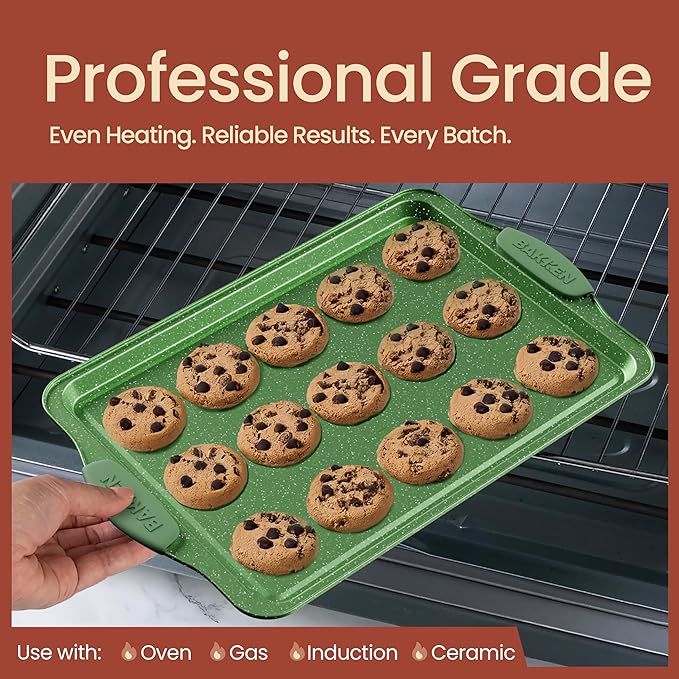BAKKEN Kitchen Baking Pan Set - Nonstick Green Marble Coating, Carbon Steel Bakeware Sets with Green Silicone Handles, Kitchen Essentials, PFOA, PFOS, PTFE Free, Oven Safe (Up To 450° F), Set of 10
