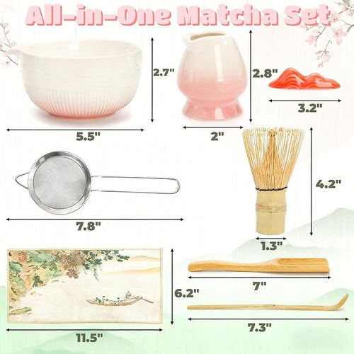 8 Pack Matcha Whisk Set, Japanese Matcha Tea Set, Ceramic Mixing Bowl with Spout, Bamboo Measuring Spoon and Scoop Stand, Towel, Whisk Holder, Stainless Sifter, Gift for Beginner, Tea Ceremony