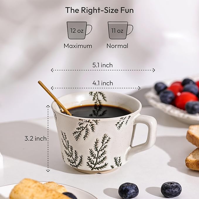 Ceramic Coffee Mug, 12 oz Small Novelty Unique Teacup with Handle, Stoneware Cup for Tea Mocha Latte Cappuccino (Set of 2, Ivy and Leaf)