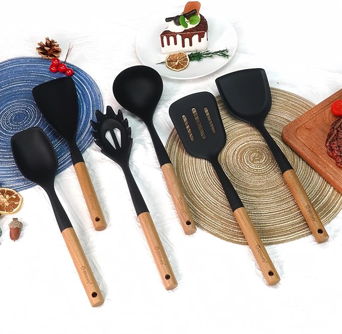 Large Silicone Cooking Utensils Set, 10Pcs Nonstick Kitchen Utensil Set with Wooden Handle, Heat Resistant Silicone Utensils for Cooking, BPA Free Spatula Set with Turners Spoon Ladle Skimmer(Black)