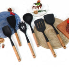 Large Silicone Kitchen Utensils Set, 6 PCS Nonstick Cooking Utensils Set with Wooden Handle, Heat Resistant and BPA Free Silicone Utensil Spatula Set for Cooking with Turner, Spoon and Ladle(Black)