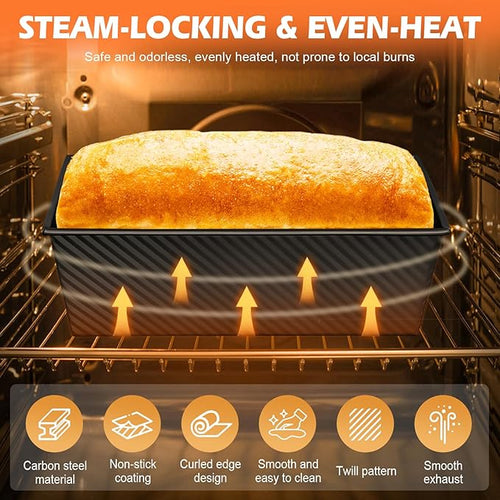 2Pack Large Bread Pan with Lids – 2.2LB Dough Capacity, Non-Stick Carbon Steel Bread Pans for Homemade Sandwich and Sourdough Bread, Corrugated Toast Mold (Black)