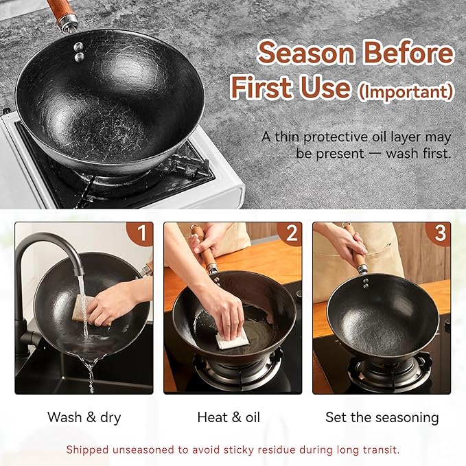 Cast Iron Wok with Lid, 10.2 Inch Flat Bottom Small Wok, Handcrafted Uncoated Iron Wok Stir Fry Pan with Wooden Handle, Tortoise Shell Texture, for Gas Electric Induction